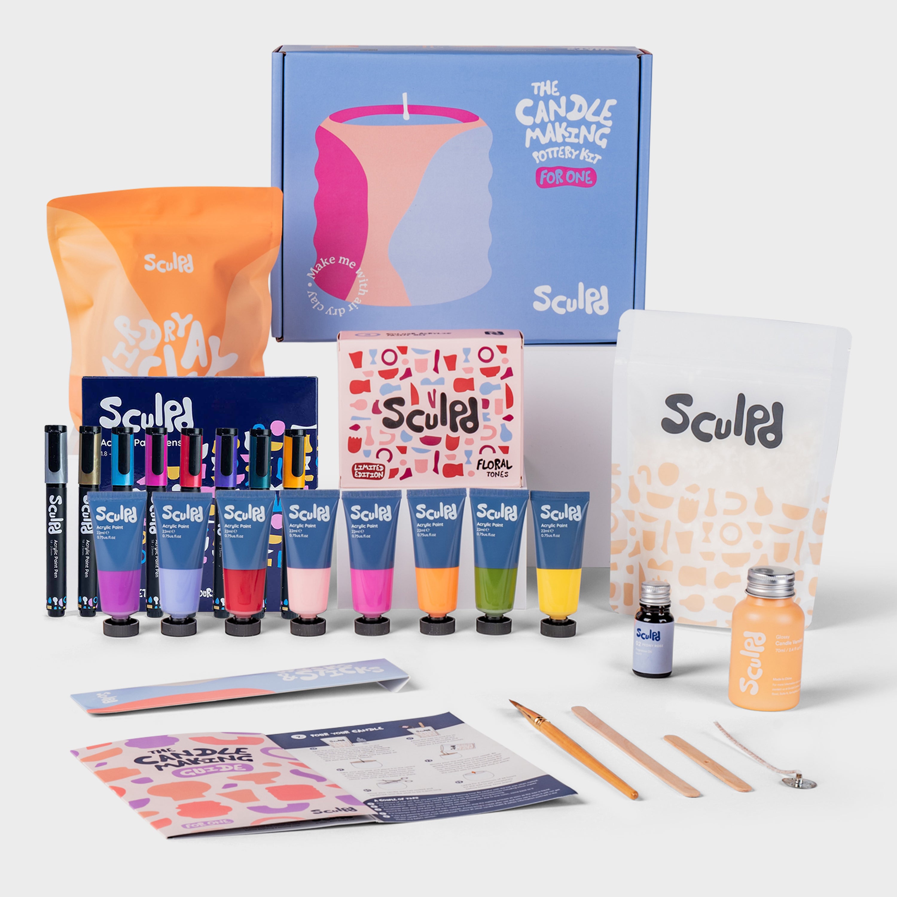 Sculpd candle making kit for one with floral paints, and metallic pens set