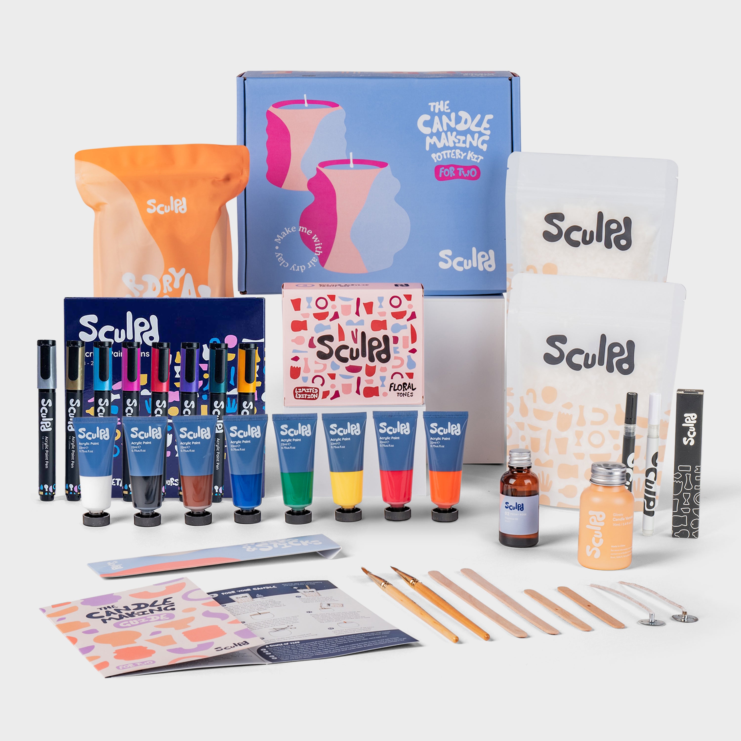 Sculpd candle making kit for two with floral paints, metallic pens, and fine tip pens set