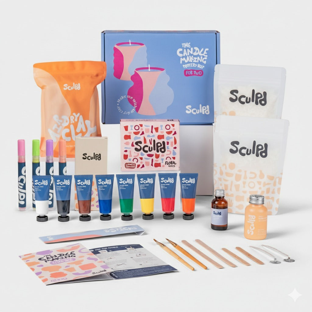 Sculpd candle making kit for two with varnish, floral paints, and modernist pens set