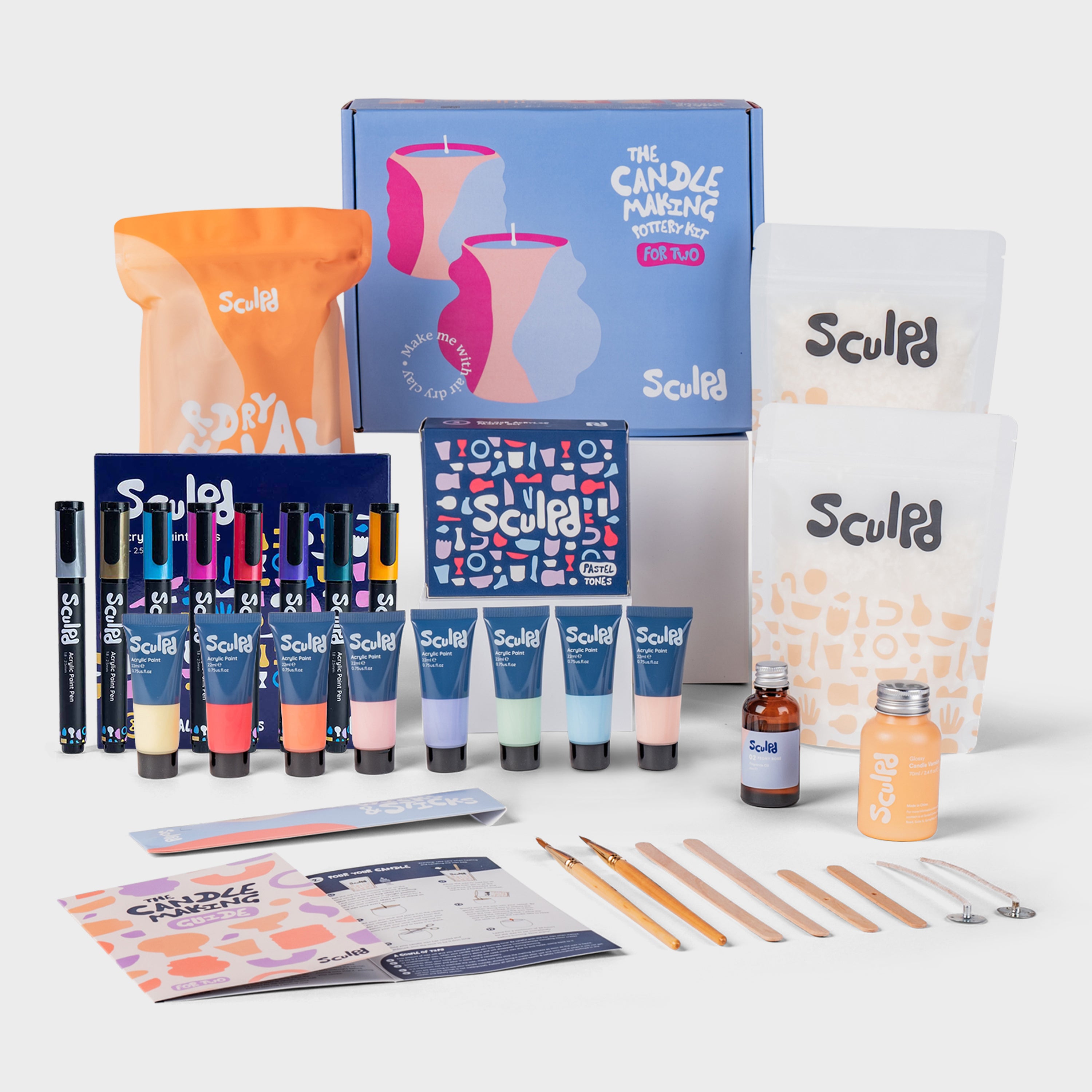 Sculpd candle making kit for two with pastel paints, and metallic pens set