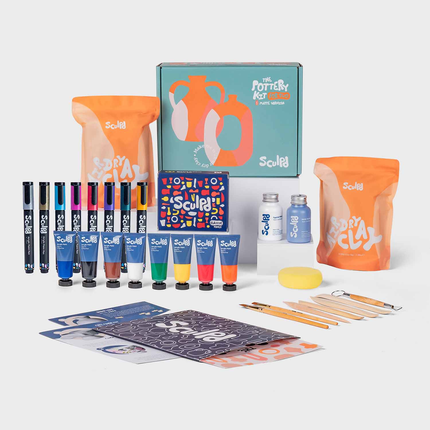 Sculpd pottery kit bundle with classic paints, and metallic pens set