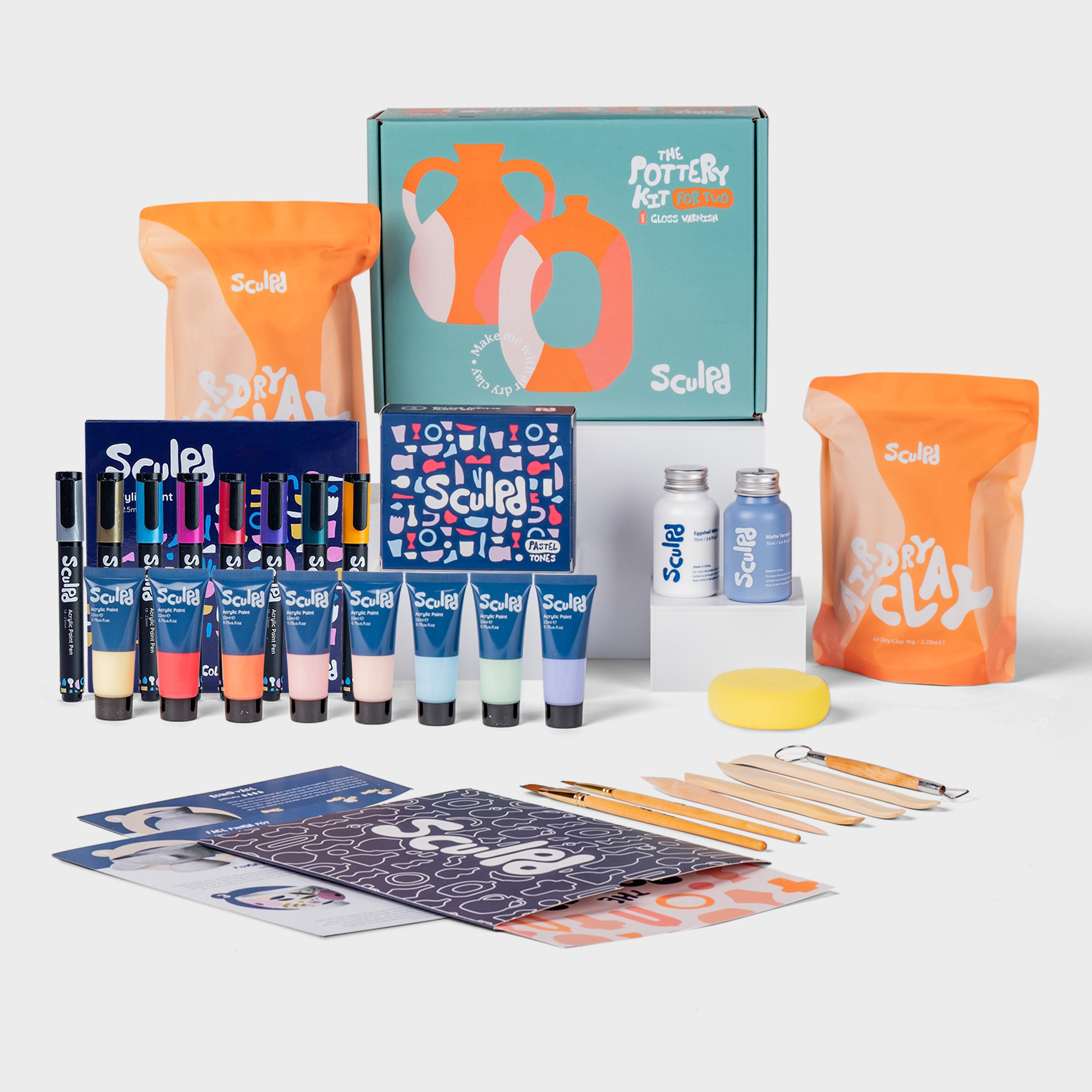 Sculpd pottery kit for two with pastel paints, and metallic pens set
