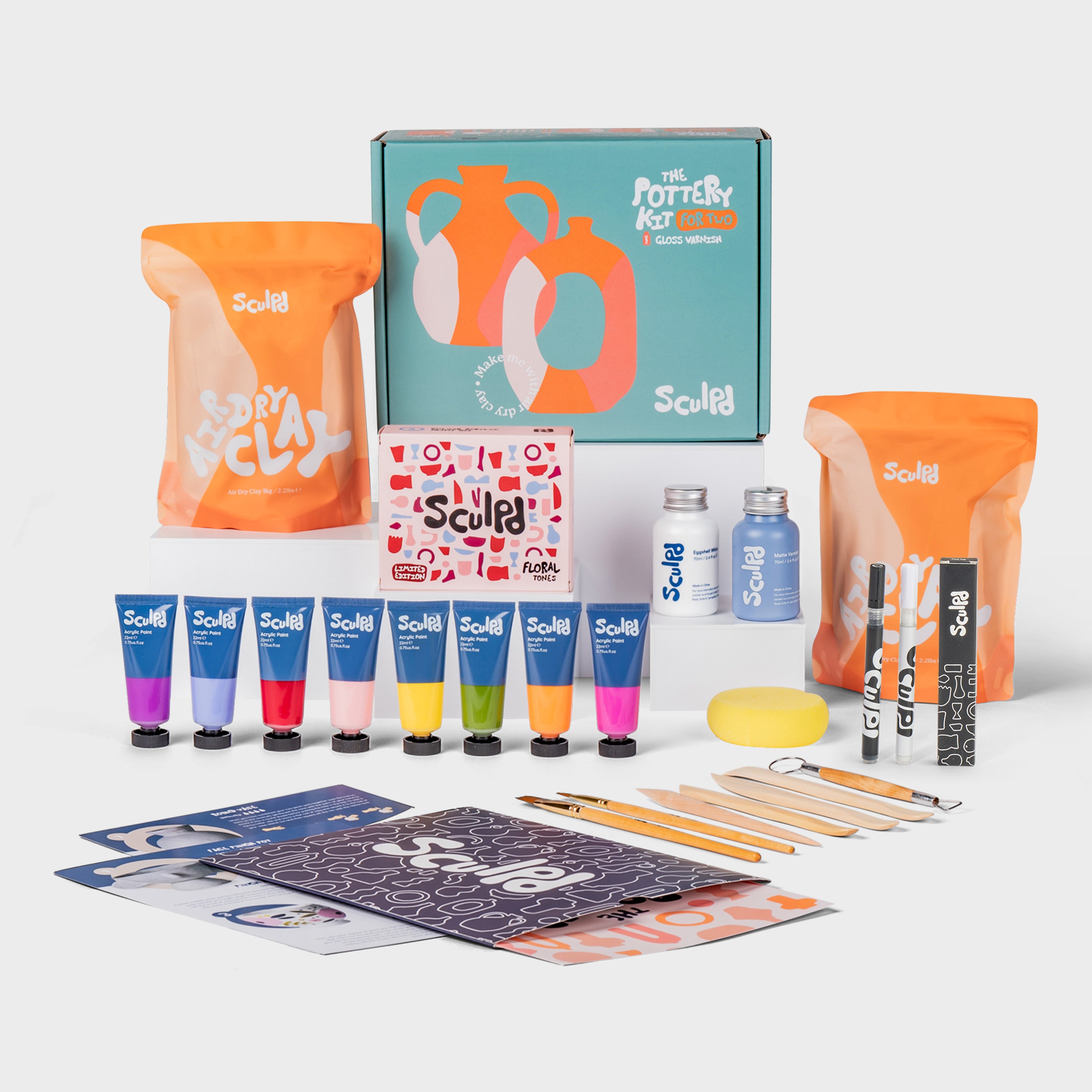 Sculpd pottery kit for two with floral paints, and fine tip pens set
