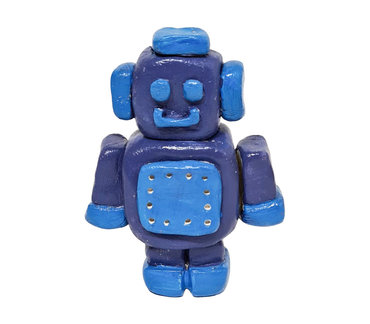 A handcrafted clay robot figurine, painted in blue accents and a smiling face made from Sculpd Kids Pottery Kit